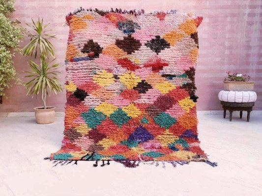 Vintage Moroccan Rug 4.7x5.6 Unique Super Pretty Colorful Boucherouite Rug, Abstract Rug, Authentic berber rug