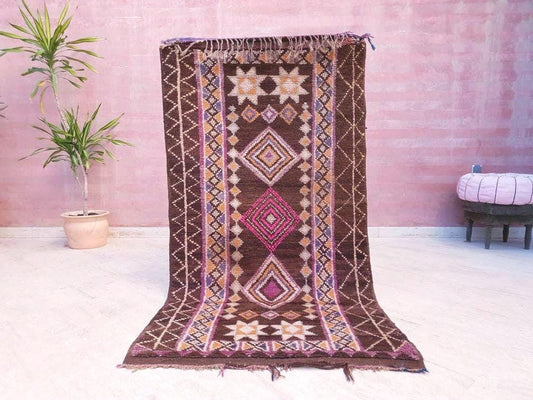 Vintage Morrocan Rug 3.2x6 Brown Purple Rug, Gorgeous Unique Boujaad rug, Brown tribal rug