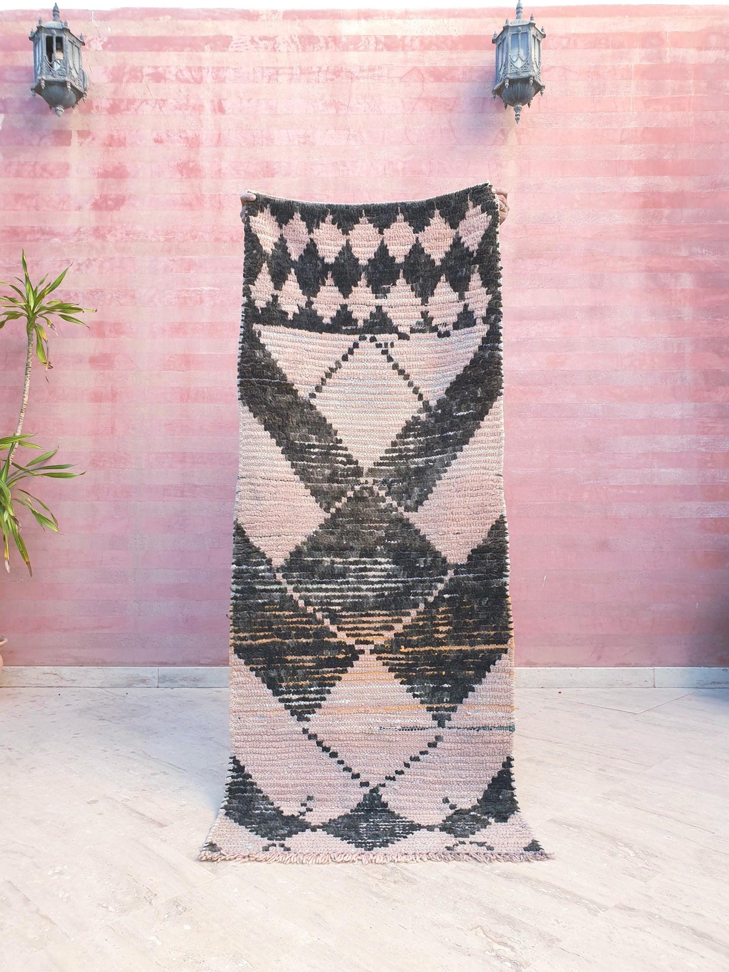 Vintage Moroccan Rug, Stunning Peach & Brown boujaad runner, 2.5x6.2  accent rug, Handwoven Moroccan hallway rug, geometric  accent rug