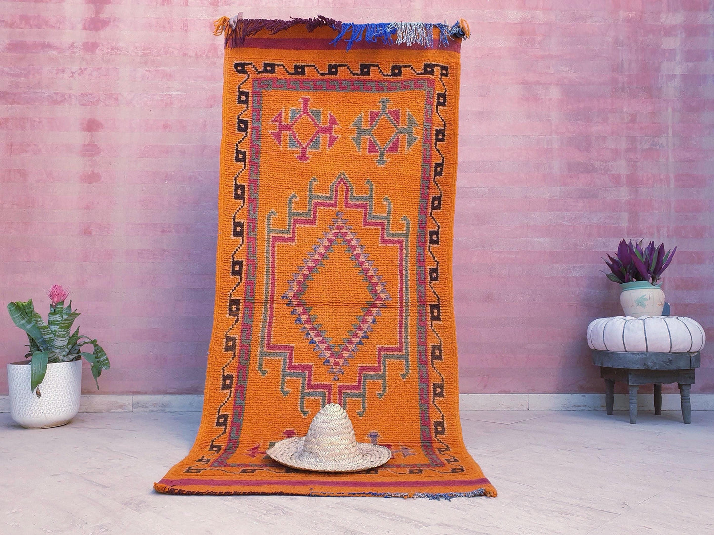 Vintage Orange Berber Rug: Handwoven Moroccan Hallway Rug (3.5x8.3 ft)