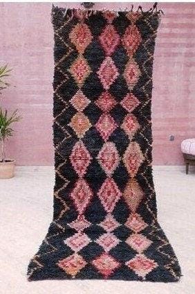Vintage Moroccan Rug 3x9 Black Rug, Retro runner Rug, Unique Hallway Rug, boujaad accent rug boucherouite rug
