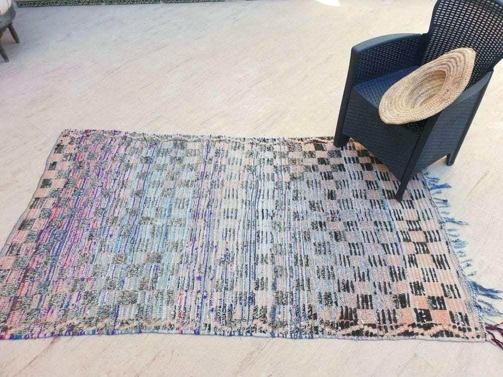 Vintage Moroccan Rug 4.2x7.1 Gorgeous Blush Checkered Boujaad Rug | living room rug | Purple Peach checkered Area Rug