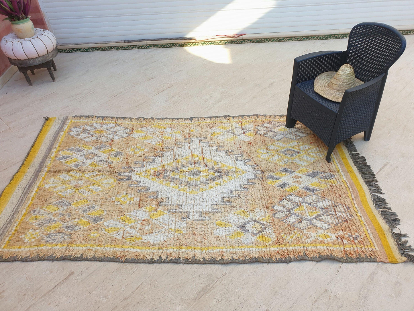 Stunning Moroccan rug 5x8.8 Rare Antique Yellow Gray Vintage Boujad rug Authentic  Morrocan Tribal Saffron rug