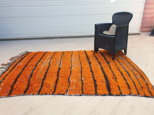 Vintage Moroccan Rug 5.5x7.5 Orange Fluffy boujaad rug, Colorful Beni Ourain Rug, Burnt Orange striped rug, Boho tribal rug
