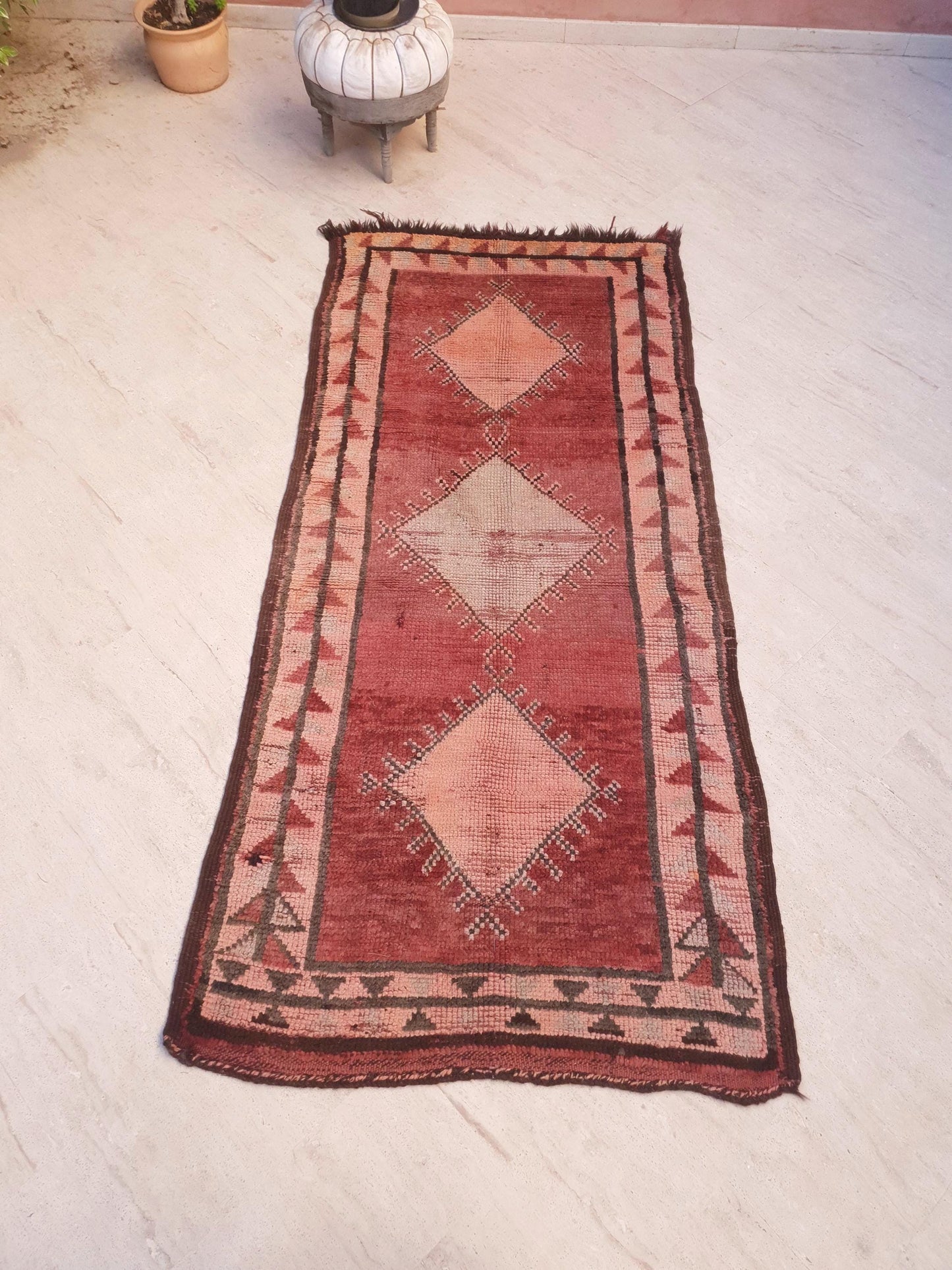 Vintage Moroccan Rug, Rare Terra Rose Boujaad Runner, 4.1x8.7 ft earthy pink & clay hallway rug, Handmade tribal diamond rug, One-of-a-kind