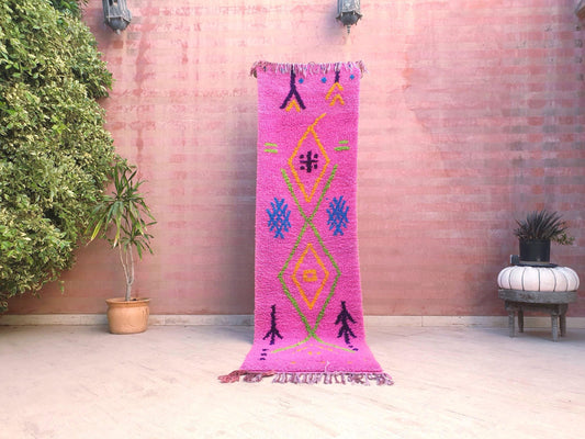 Handwoven Moroccan Runner Rug, Fuchsia Pink Tribal Art, 2.4x9 ft