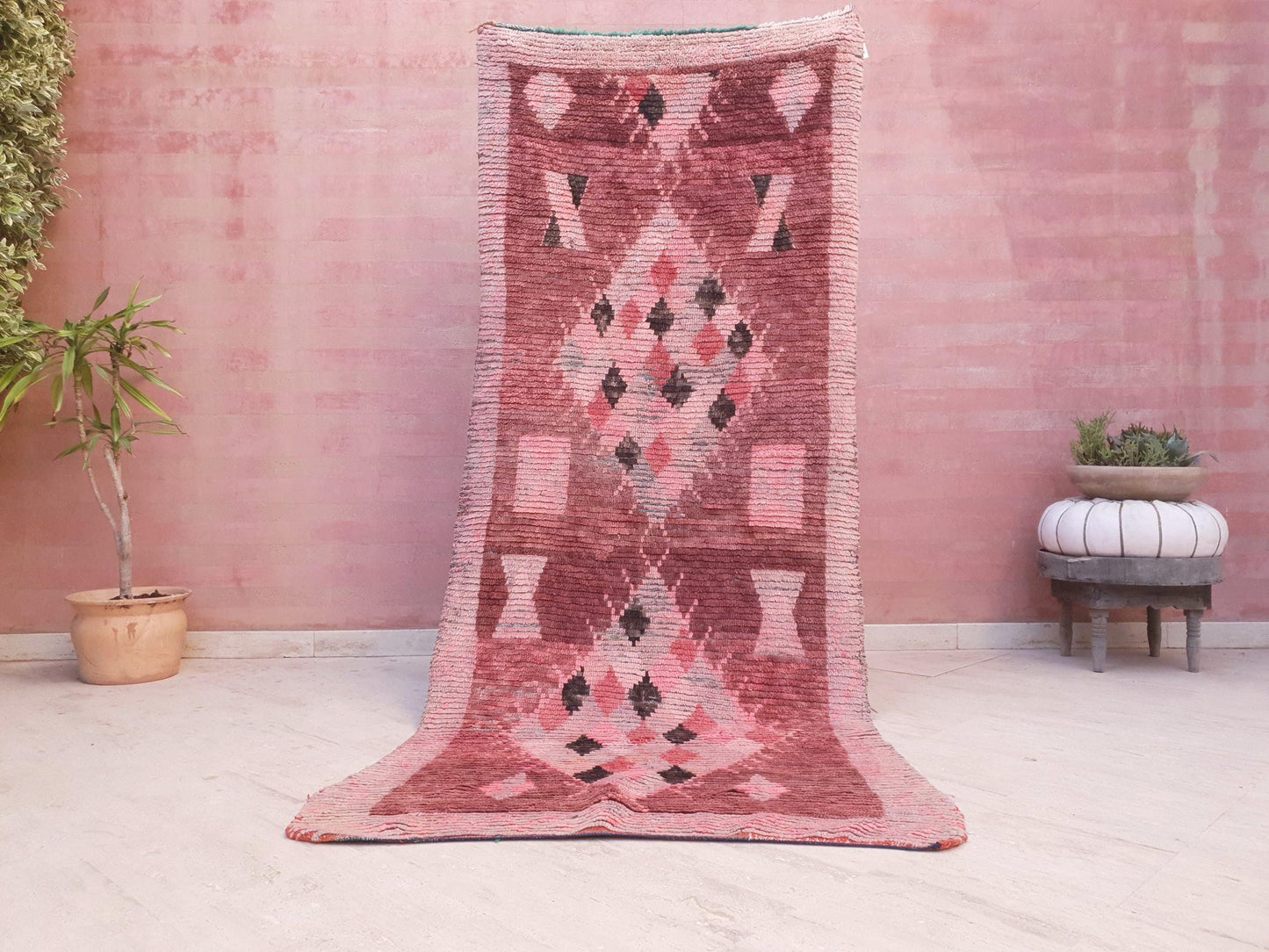 Vintage Moroccan Rug 3.5x8.5 Gorgeous Boujaad Blush Pink Brown rug, Beige Cream Hallway rug, Unique runner rug Authentic Berber Boujad rug