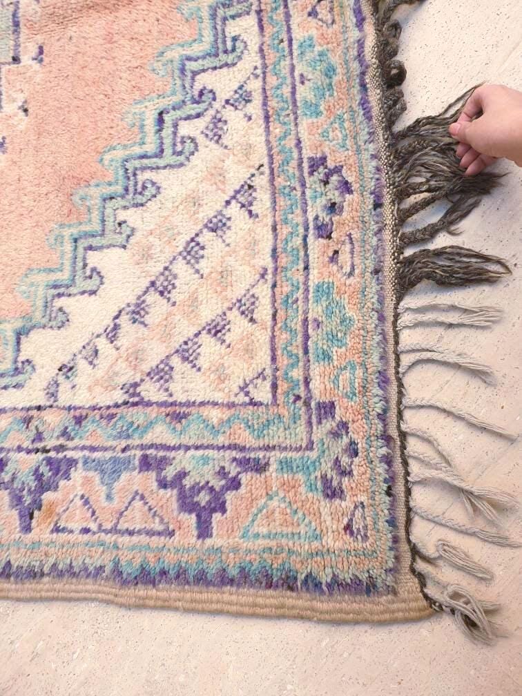 Vintage Moroccan rug 5x8.5 Precious Blush teal lavender Rug, Peach boujaad rug, Unique Taznakht rug