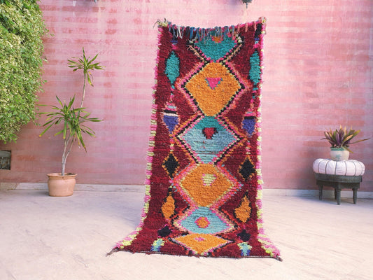 Vintage Moroccan Runner Rug, Vibrant Boujad Runner 3x7 ft Tribal hallway rug, Colorful berber rug, Moroccan rug runner, Bohemian entryw