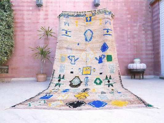 Vintage Moroccan Rug 5x10.5 Stunning Blue Yellow Boujaad rug unique, Pastels colorful rug bedroom rug beni ourain rug