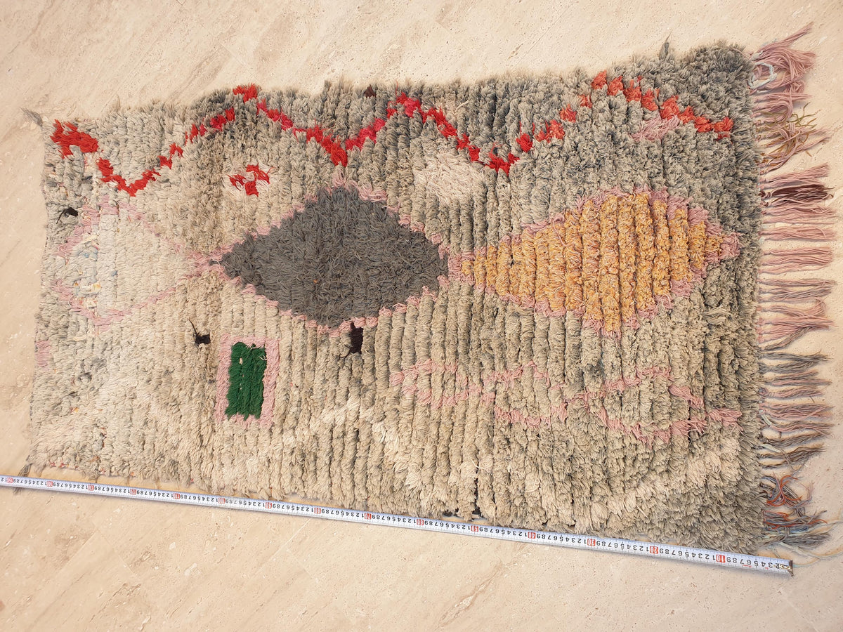 Unique Vintage Moroccan Accent Rug Soft Grey Blush with Tangerine Abstract Motif 2.5x4.6 ft