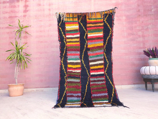 Vintage Moroccan Rug, Antique Runner Rug 3x5.8 Festive Boujaad Rug | Black and Colorful Rug | Hallway Rug