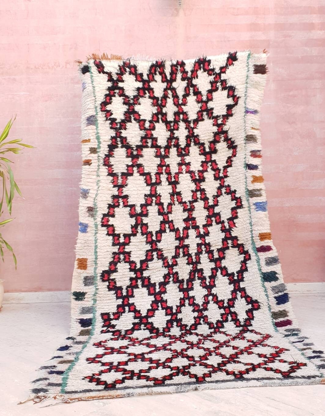 Vintage Moroccan Boujaad Rug, Red Black Ivory, Large Bohemian Rug (4.3'x9')