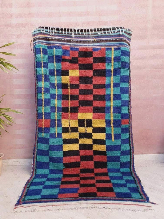 Vintage Moroccan Rug | Stunning Colorful Azilal Rug 4x8.1 | Retro Rug |  Abstract boujaad berber rug artistic rug bedroom rug Azilal Rug