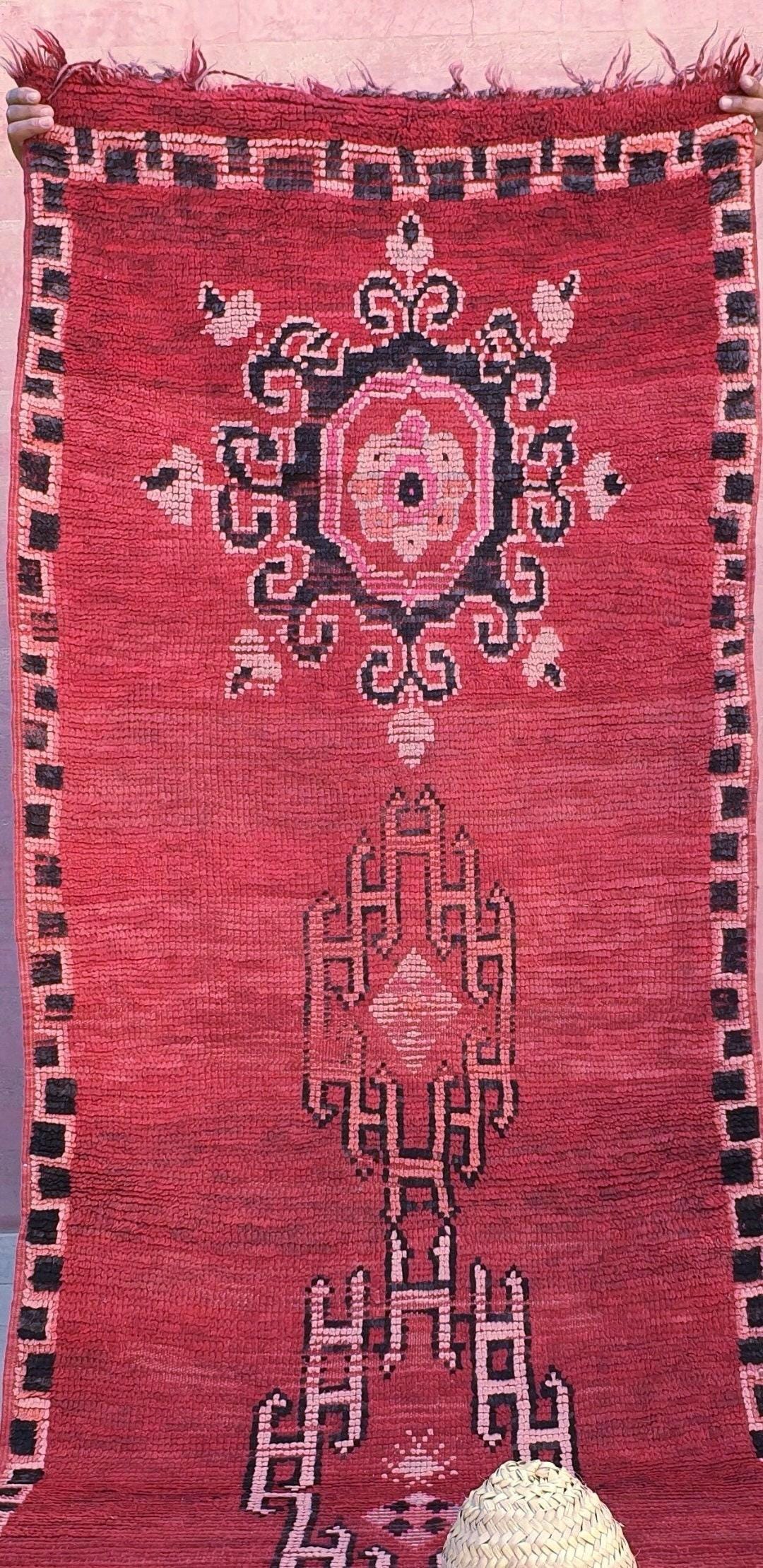 Vintage Moroccan Rug 3.1x7.6 Gorgeous Unique Red Boujaad Statement Runner Rug, bedroom rug, Abstract accent rug