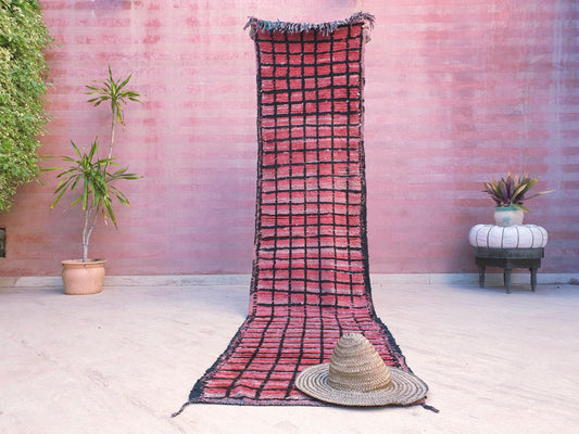 Vintage Moroccan Runner, Fiery Grid Red Boujaad Rug, 2.4 x 9.6 ft