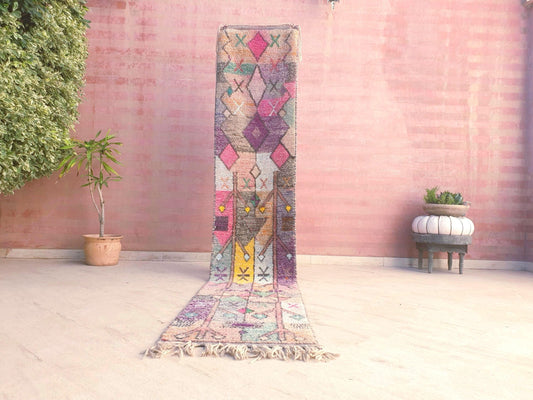 Pastel Tribal Moroccan Runner Rug – 2x10.5 Berber hallway rug, soft pinks & mustard tones, Vintage handmade Boujaad runner, boho eclectic