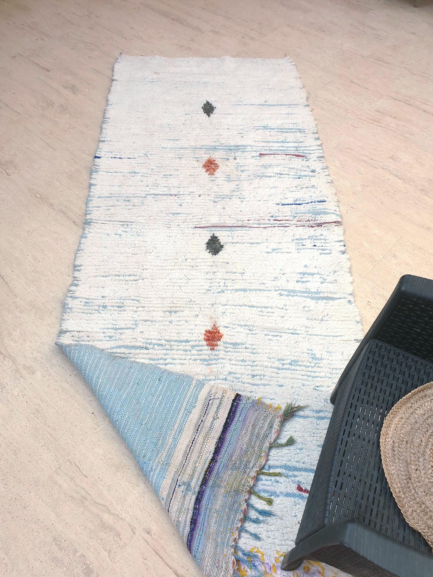 Stunning Moroccan Runner Rug 3.5x9  Ivory Cream, Sky Blue White boucherouite wool rug