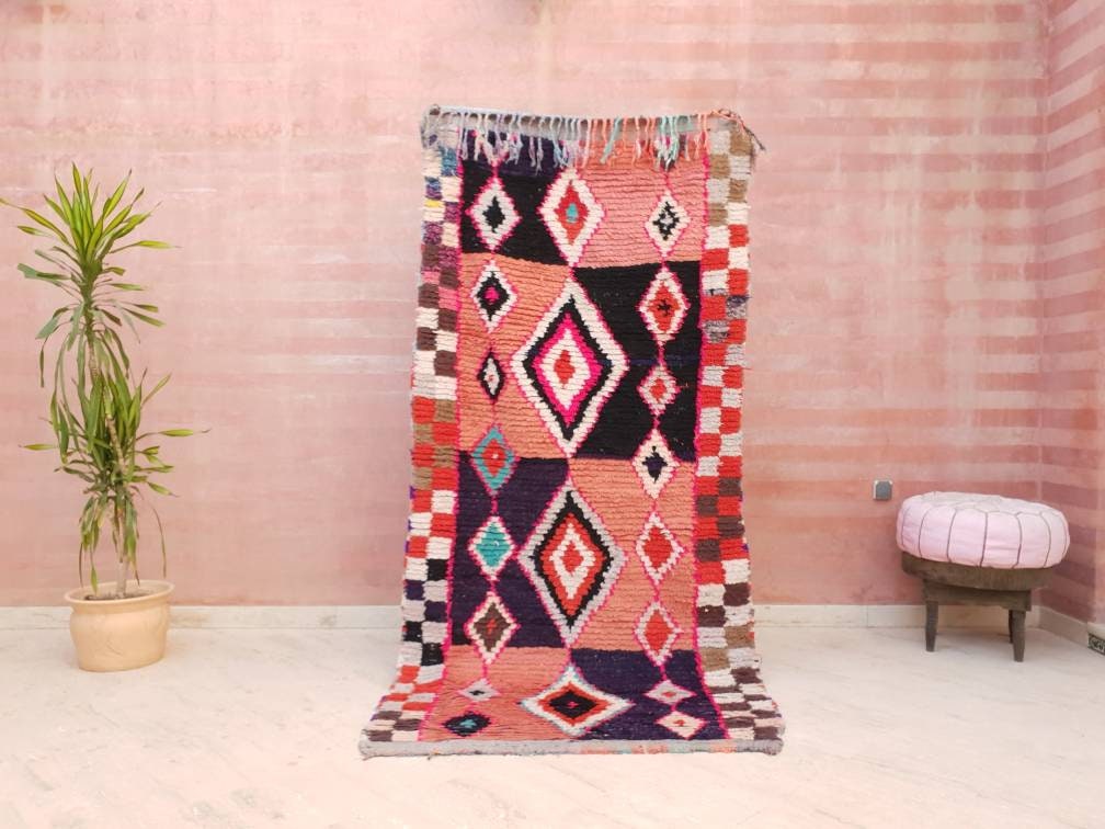 Vintage Berber Runner Rug, Black Pink Boujaad Moroccan Rug (3.6x7.8 ft)