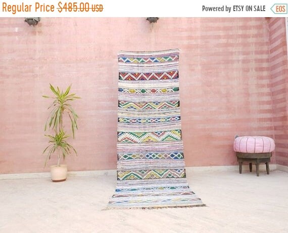 Vintage Moroccan Kilim Runner Rug, Handwoven Berber Wool (2.9x8.7 ft)
