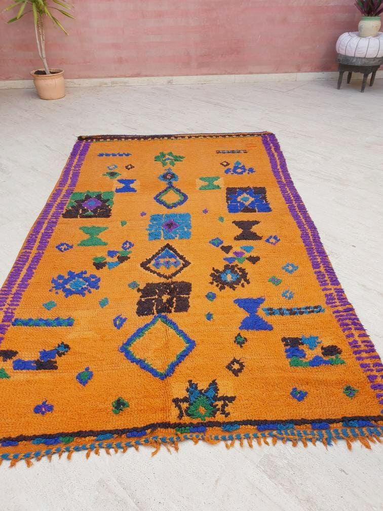 Stunning Moroccan Rug 5.1x8.1 Super Pretty Vintage Boujaad rug, Unique boujad rug, Blue Papaya Orange Berber carpet