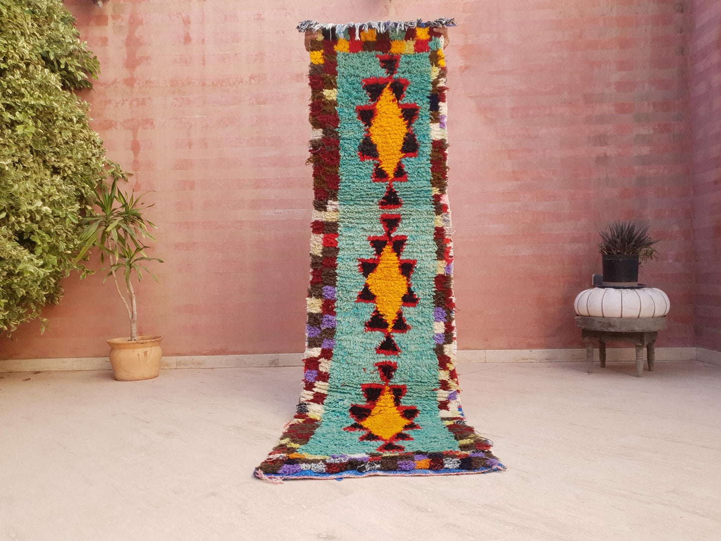 Turquoise Berber Hallway Runner Rug: Wool & Cotton Boujaad Rug, 2.2x8 ft