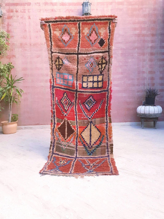 Antique Moroccan Runner Rug, Rare Tribal Patchwork-Effect Design 2.6x7.1 Warm tones & Blush unique rug