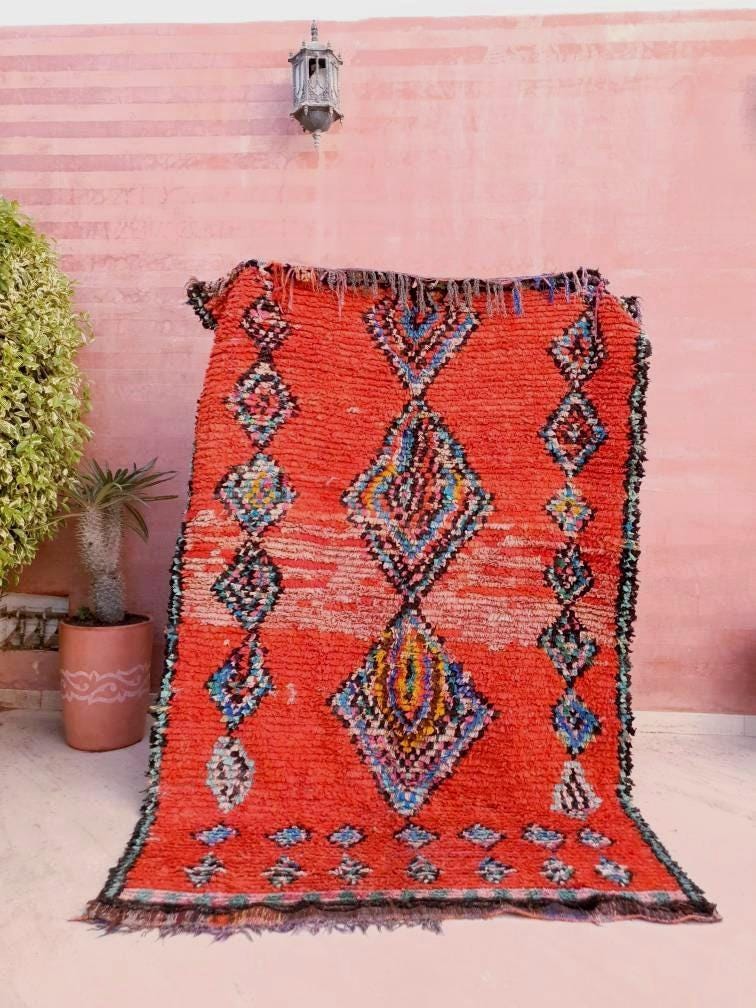Vintage Red Moroccan Boucherouite Rug, 5x7.7 Berber Rug