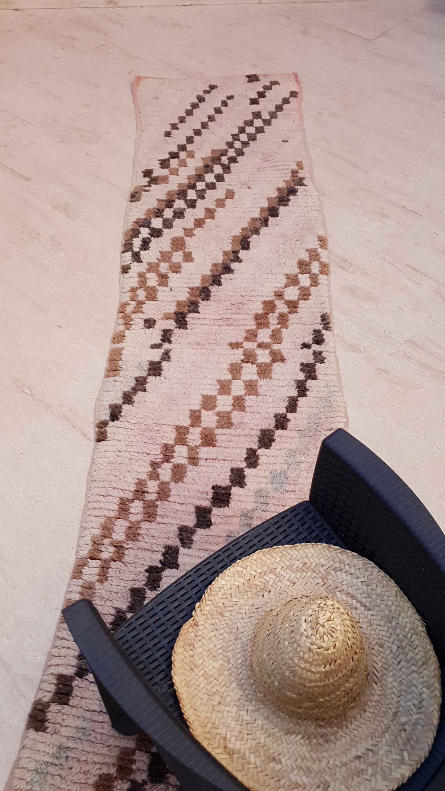 Vintage Moroccan Rug 2.4x9.8 checkered Boujad Runner Rug, Super unique Berber Brown Blush hallway Rug, boho boujaad rug