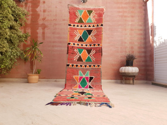 Pretty Vintage Moroccan Runner Rug, 2.6x9.8 colorful Berber Runner, Handwoven Tribal geometric Hallway Rug, blush pink peach Moroccan rug