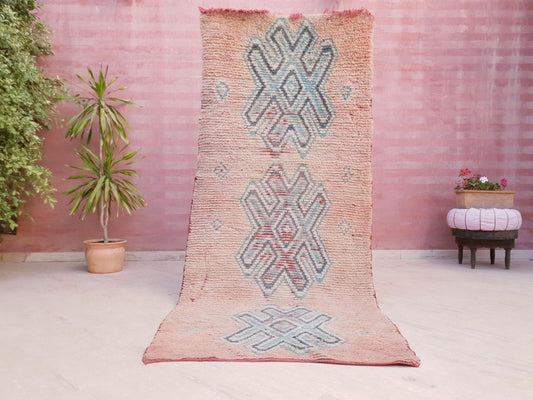 Vintage Blush Boujaad Rug 3.7x8.3 Berber Hallway Rug, Artistic Symbols Rug
