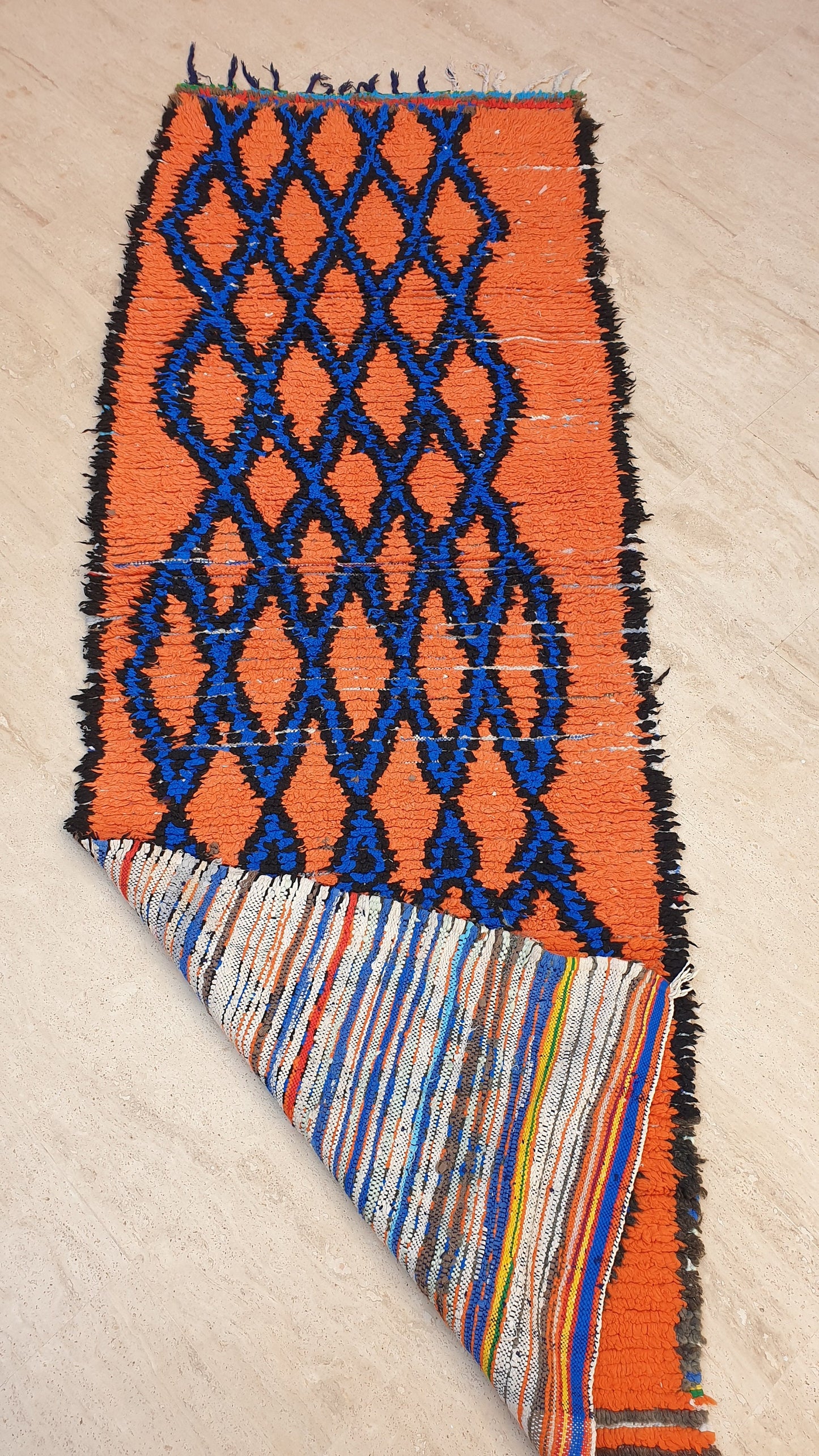 Stunning Moroccan Runner Rug 2.8x6.5 Super Pretty Boujaad rug, Artistic Blue Papaya Orange Geometric Hallway rug