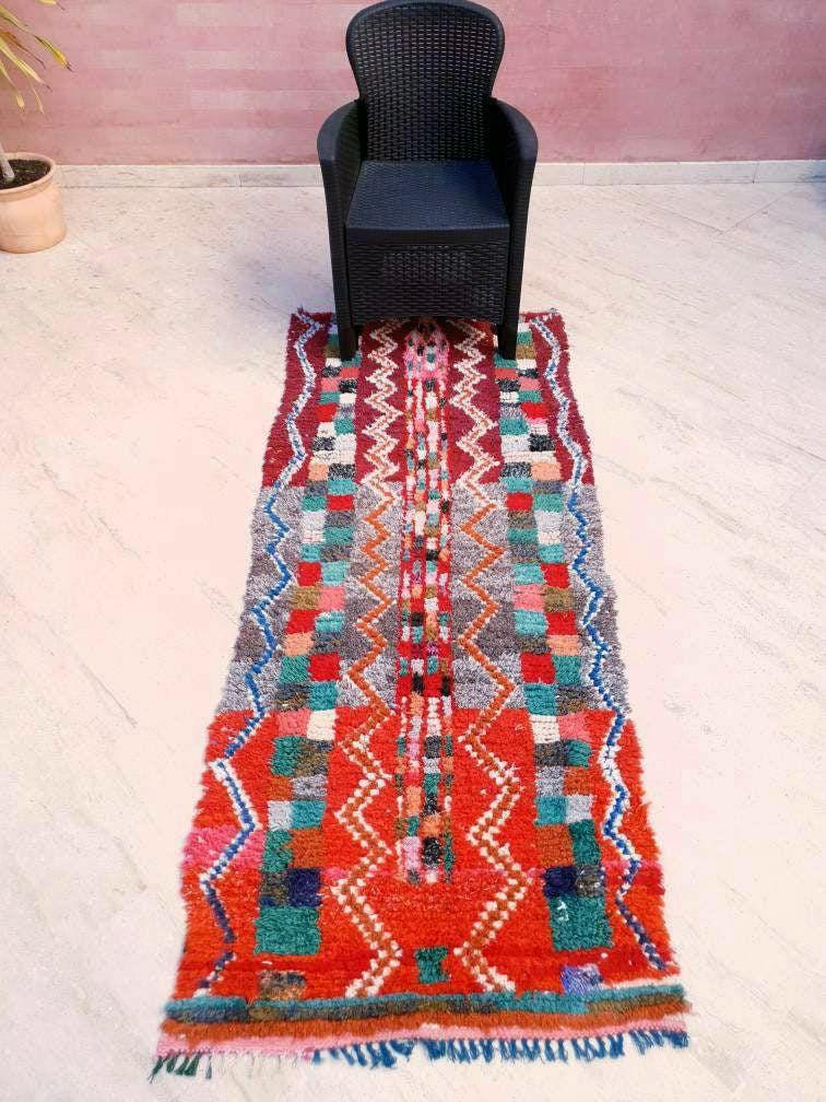 Vintage Orange Red Moroccan Rug 2.9x7.1 Unique Berber Azilal Rug