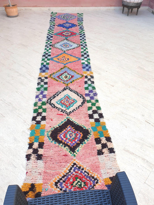 Vintage Moroccan Runner Rug 2.7x15.8 GELATO incredibly unique colorful pink runner rug, vintage boujaad rug,  long hallway rug