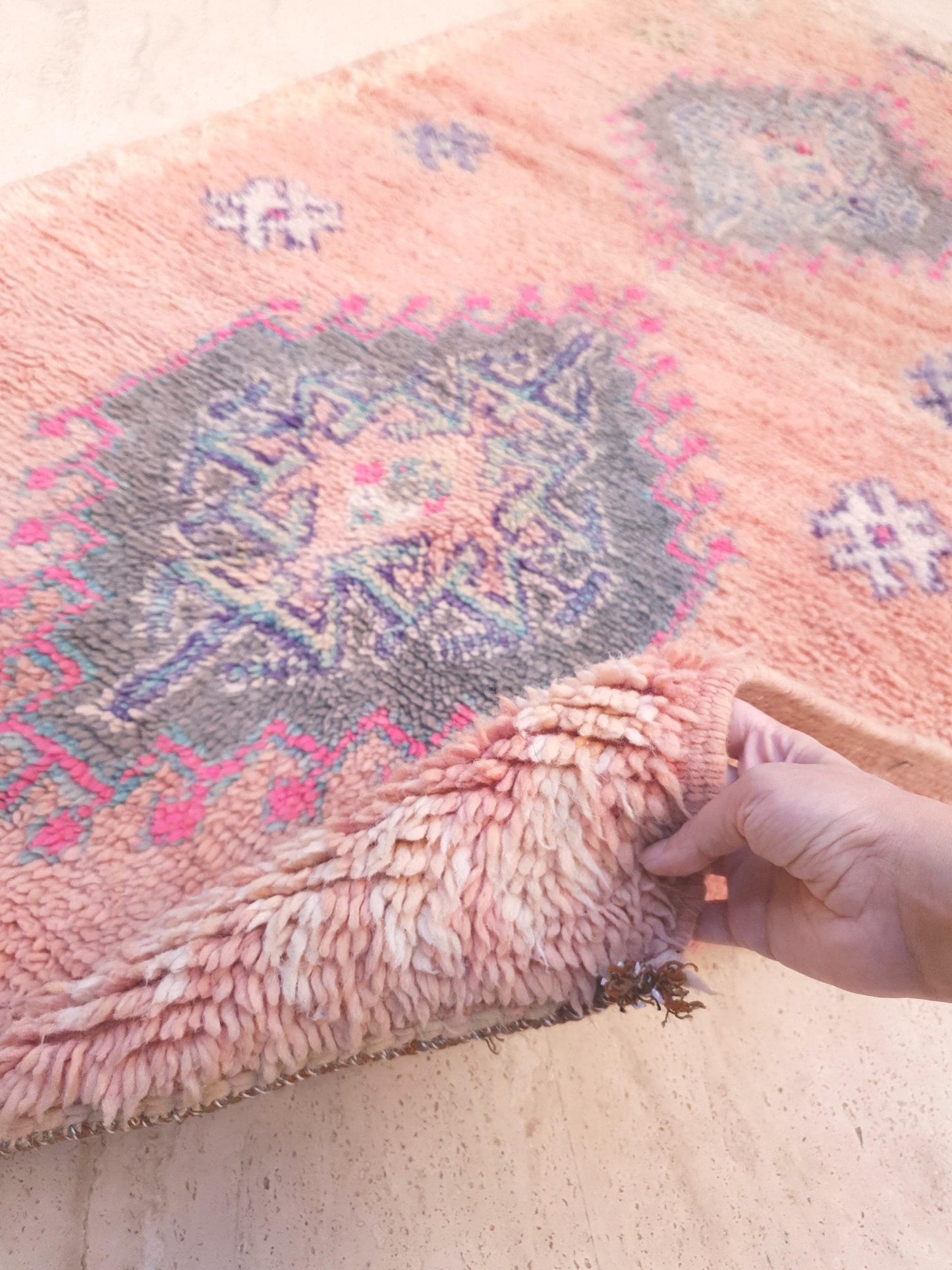 Vintage Moroccan Rug, Soft Blush Boujaad Runner 3.5x7.7 ft faded rose pastel rug, Tribal blue gray medallions, Handmade wool art