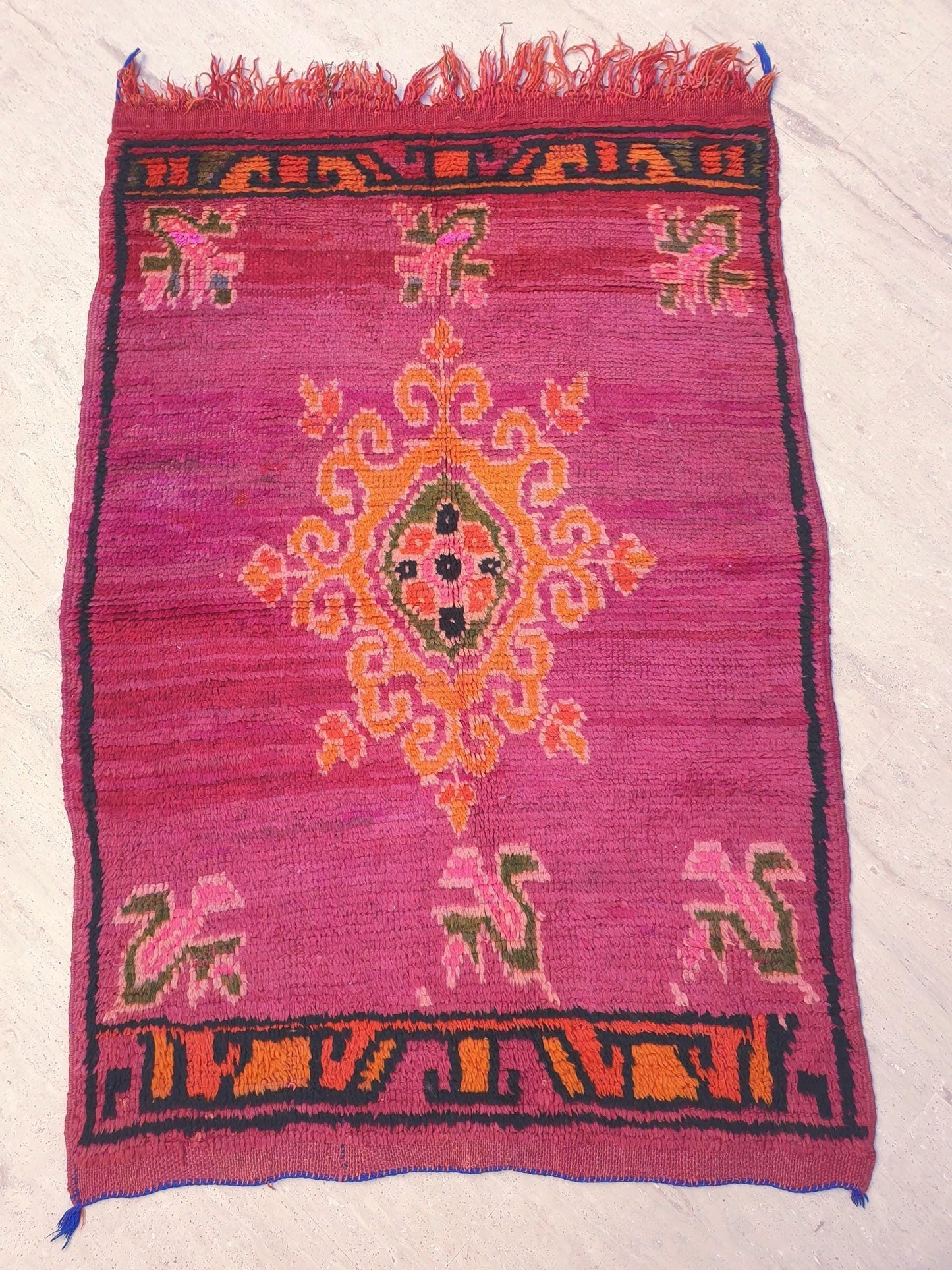 Vintage Rose Red Moroccan Rug, Small Boujaad Wool Rug (3.3x4.9 ft)