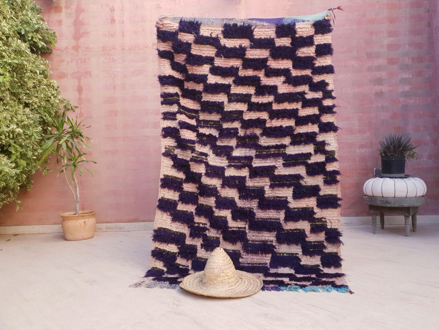 Vintage Moroccan Rug, Unique Checkered Blush powder Pink and Purple Boujaad Rug boucherouite rug, Unique accent rug