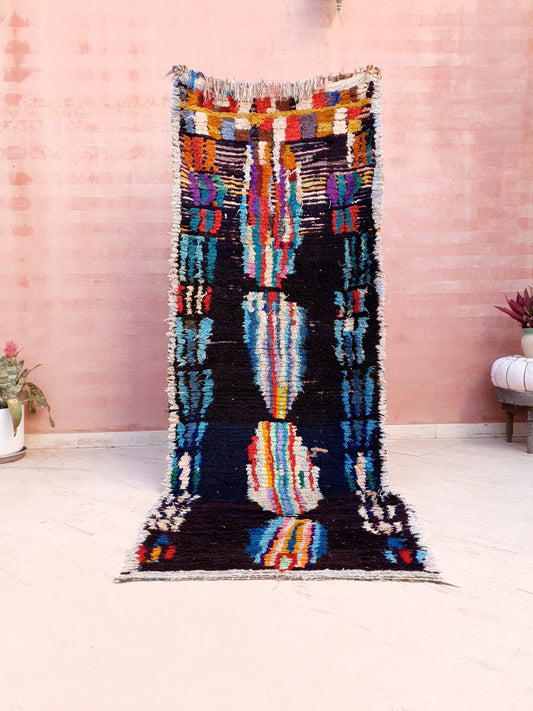 Vintage Moroccan Runner Rug | 3.2x9 Boujaad Rug | Black Colorful Rug | Hallway Rug | Entryway Rug | Boho Morrocan Rug