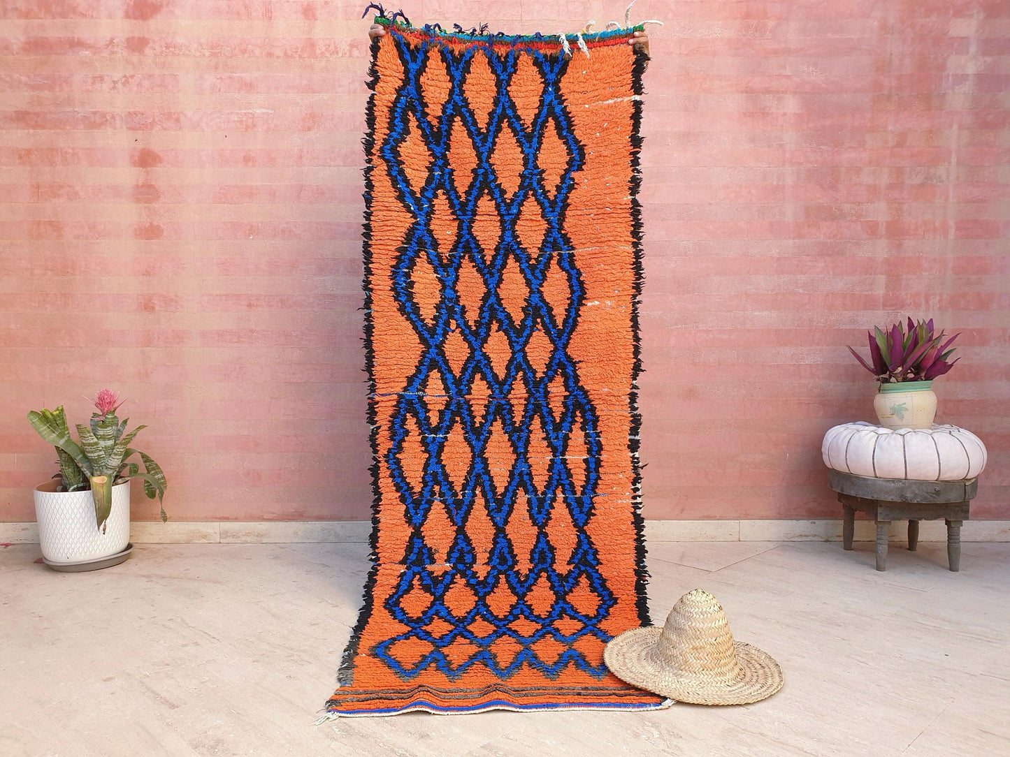 Stunning Moroccan Runner Rug 2.8x6.5 Super Pretty Boujaad rug, Artistic Blue Papaya Orange Geometric Hallway rug