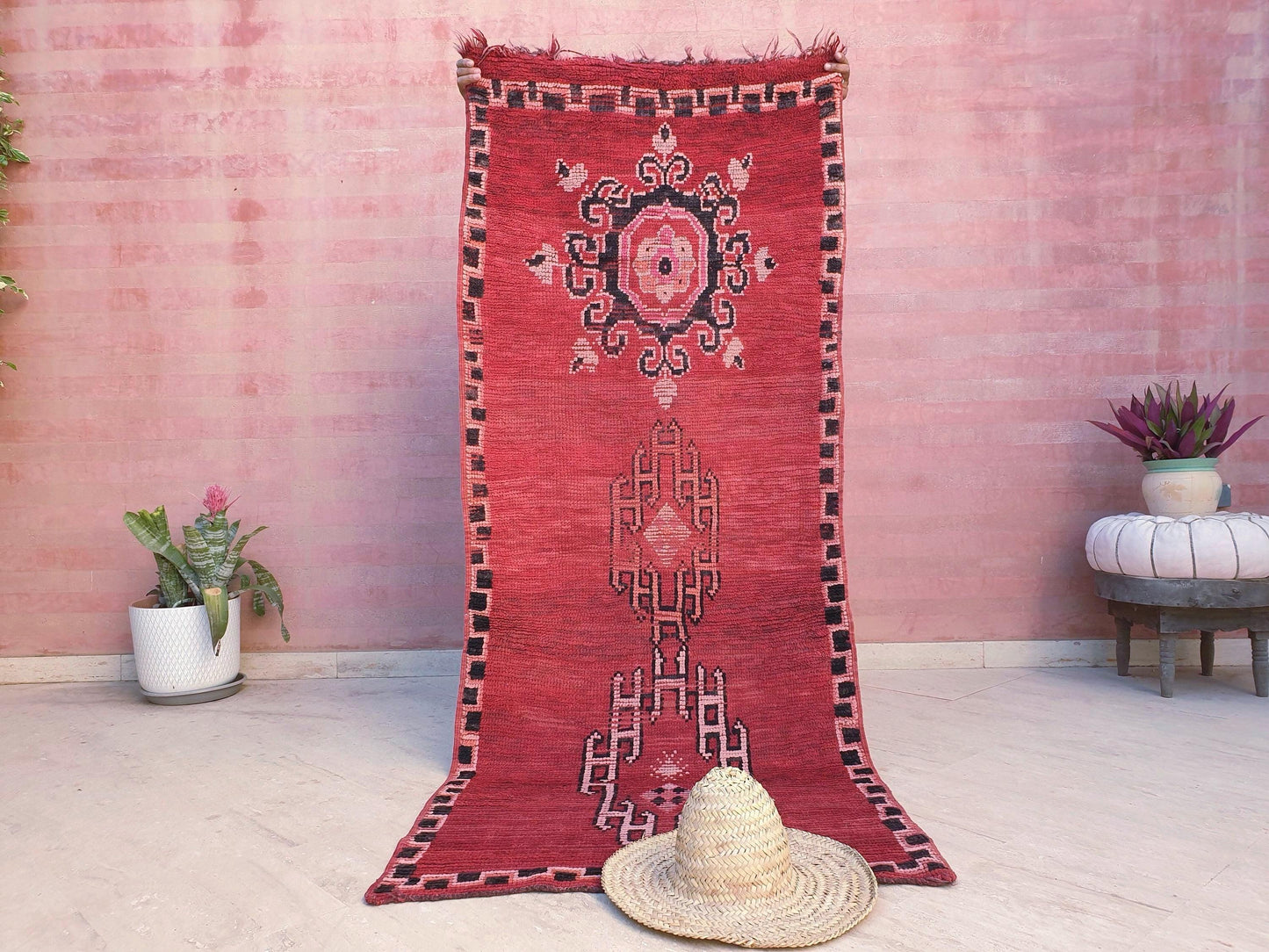 Vintage Moroccan Rug 3.1x7.6 Gorgeous Unique Red Boujaad Statement Runner Rug, bedroom rug, Abstract accent rug