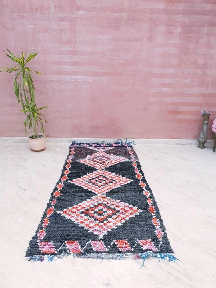 Vintage Black Boucherouite Runner Rug, Moroccan Berber Rug (3.3x7.5 ft)