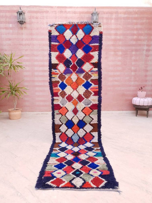 Vintage Moroccan Runner Rug, Colorful Boucherouite Hallway Rug (2.5x9.5 ft)