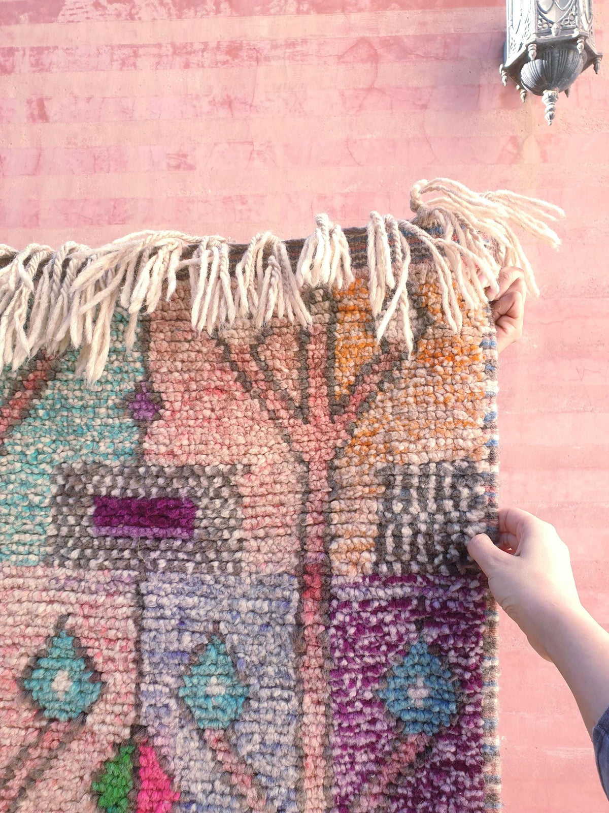 Pastel Tribal Moroccan Runner Rug – 2x10.5 Berber hallway rug, soft pinks & mustard tones, Vintage handmade Boujaad runner, boho eclectic