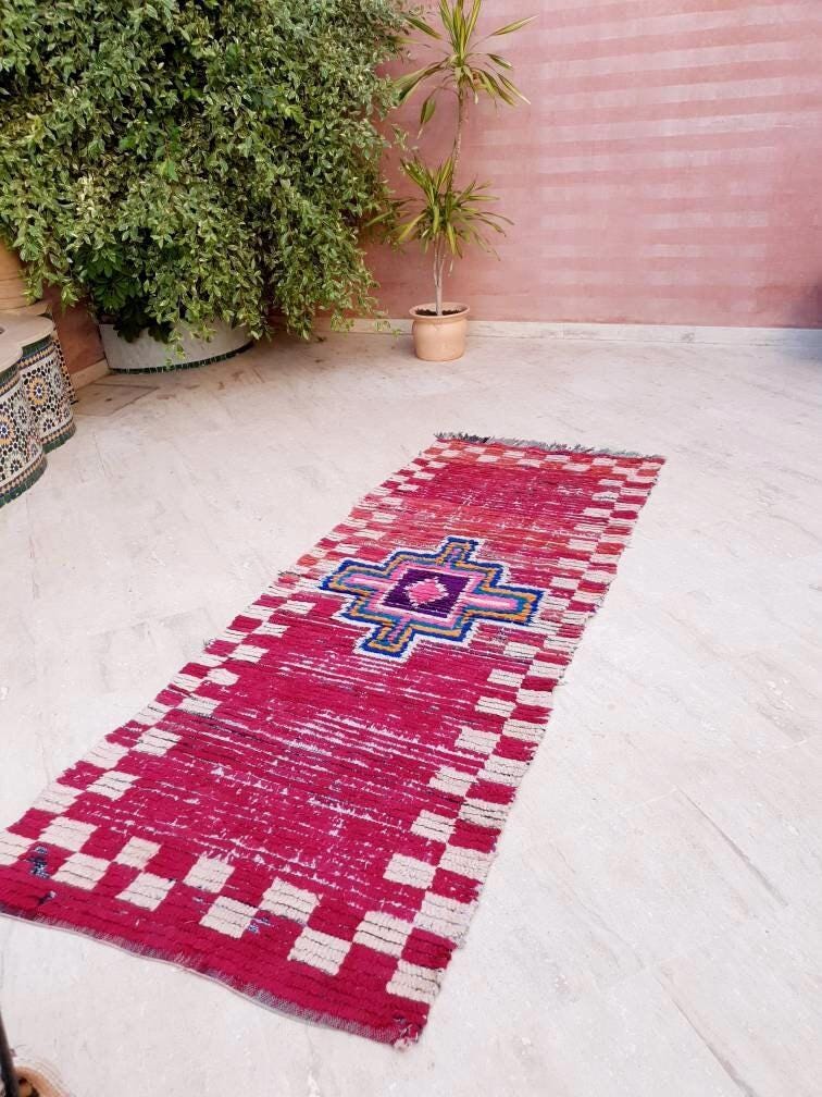 Vintage Moroccan rug 3.1x8.1 Gorgeous Boujaad runner rug, Maroon Beet Purple Boujad rug, Entry hallway rug