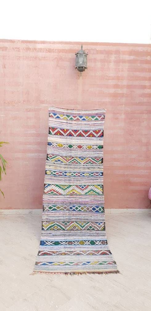 Vintage Moroccan Kilim Runner Rug, Handwoven Berber Wool (2.9x8.7 ft)