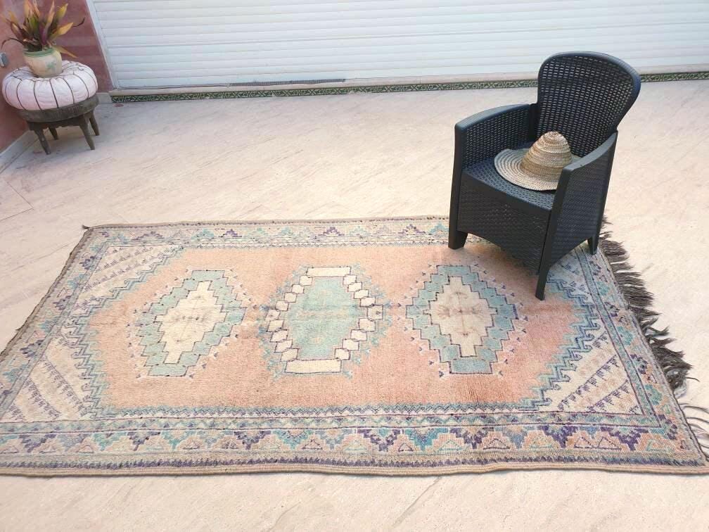 Vintage Moroccan rug 5x8.5 Precious Blush teal lavender Rug, Peach boujaad rug, Unique Taznakht rug