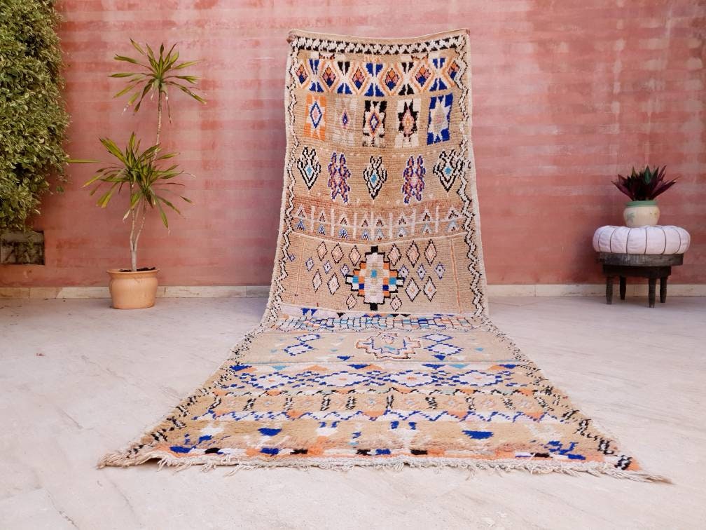 Gorgeous Vintage Moroccan Rug 4.1x12.2 marvelous pastels beige rug Boujaad rug large berber rug
