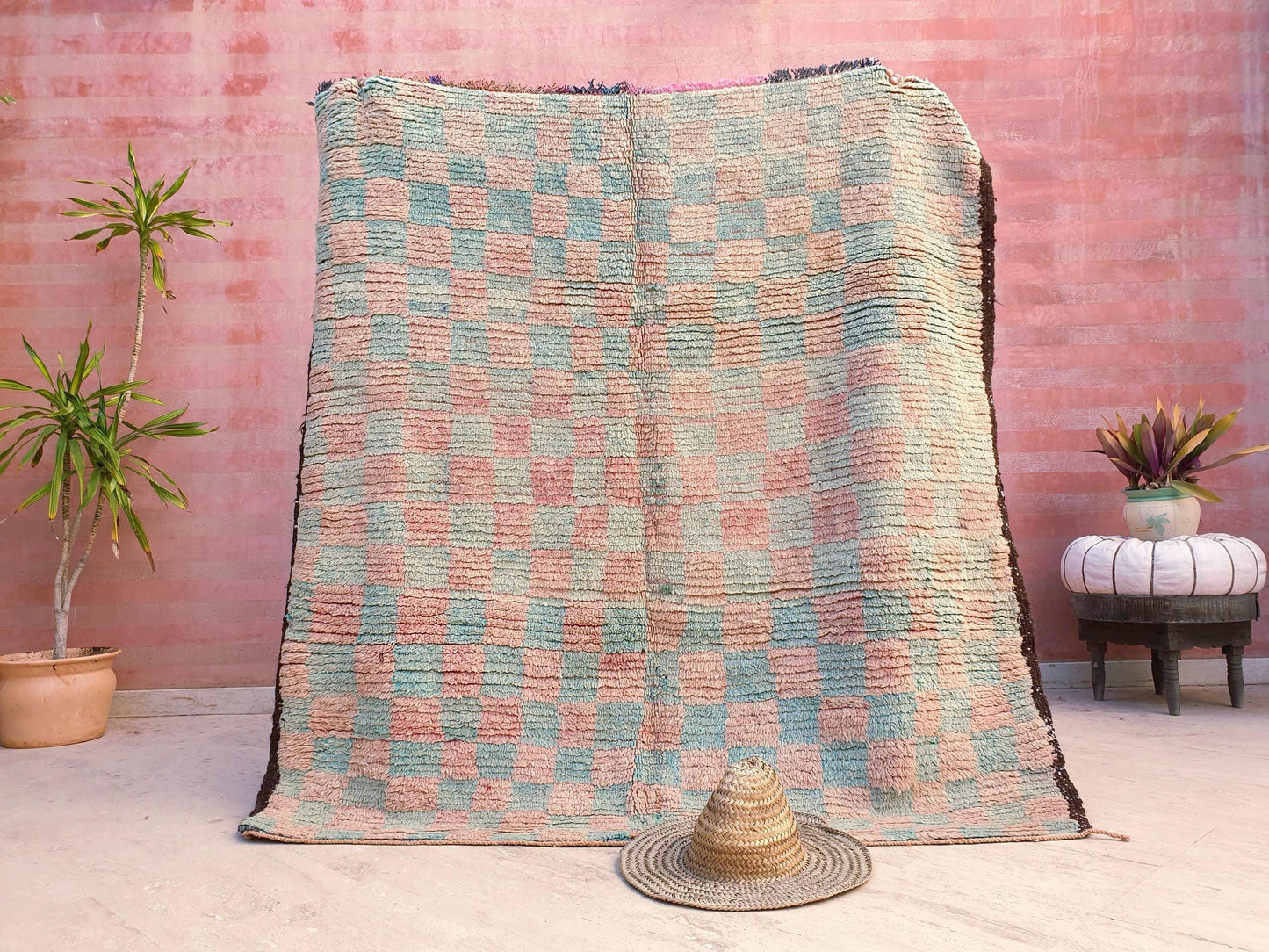 Pastel Checkered Boujaad Rug, 5.1x5.4 ft pastel aqua blush rug, Vintage Moroccan rug, Vintage Boujaad squarish rug