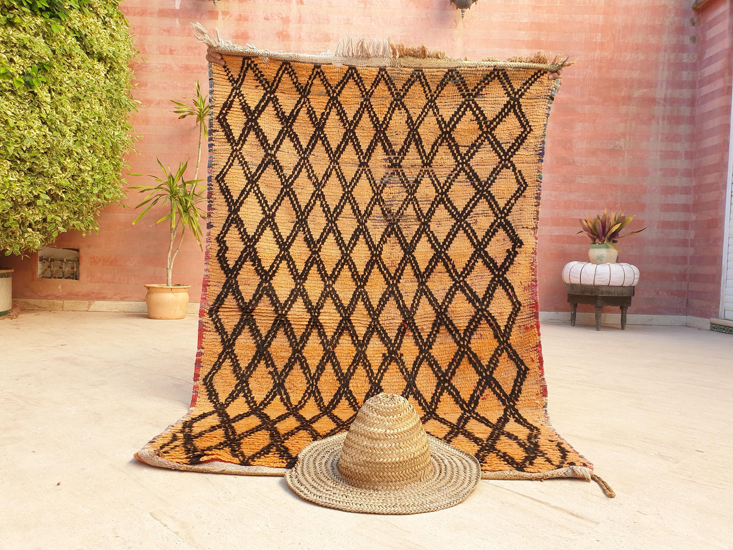 Vintage Moroccan Boujaad Rug Amber Orange with Black Diamond Pattern •  3.6 x 5.6 ft •