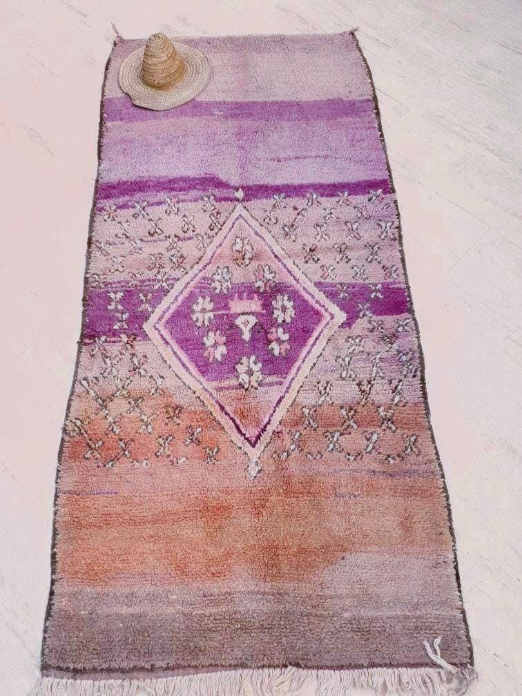 Vintage Moroccan Rug 3.9x8.5 Gorgeous Purple Peach Blush rug "Roses & Butterflies" Unique boujaad rug mauve purple rug